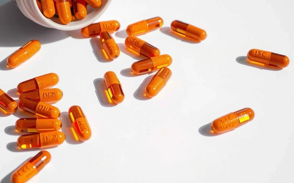 Gros plan sur des gélules de vitamine C éparpillées sur une surface blanche, avec une lumière vive.