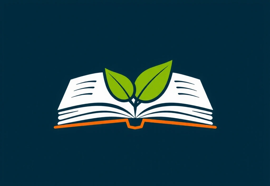 Une icône stylisée représentant un livre ouvert avec une feuille verte et un symbole de cœur, symbolisant la connaissance et le soin de la nature.