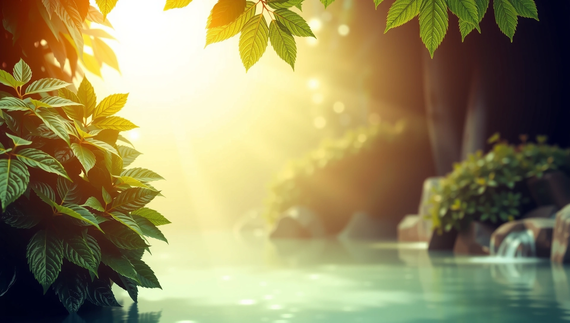 Vue sereine d'une nature luxuriante avec des feuilles vertes et des reflets de soleil, symbolisant la vitalité et la santé naturelle.