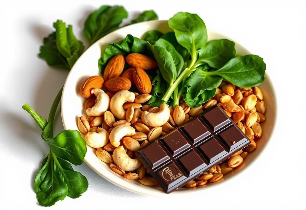 Assortiment de noix, graines et légumes verts, riches en magnésium