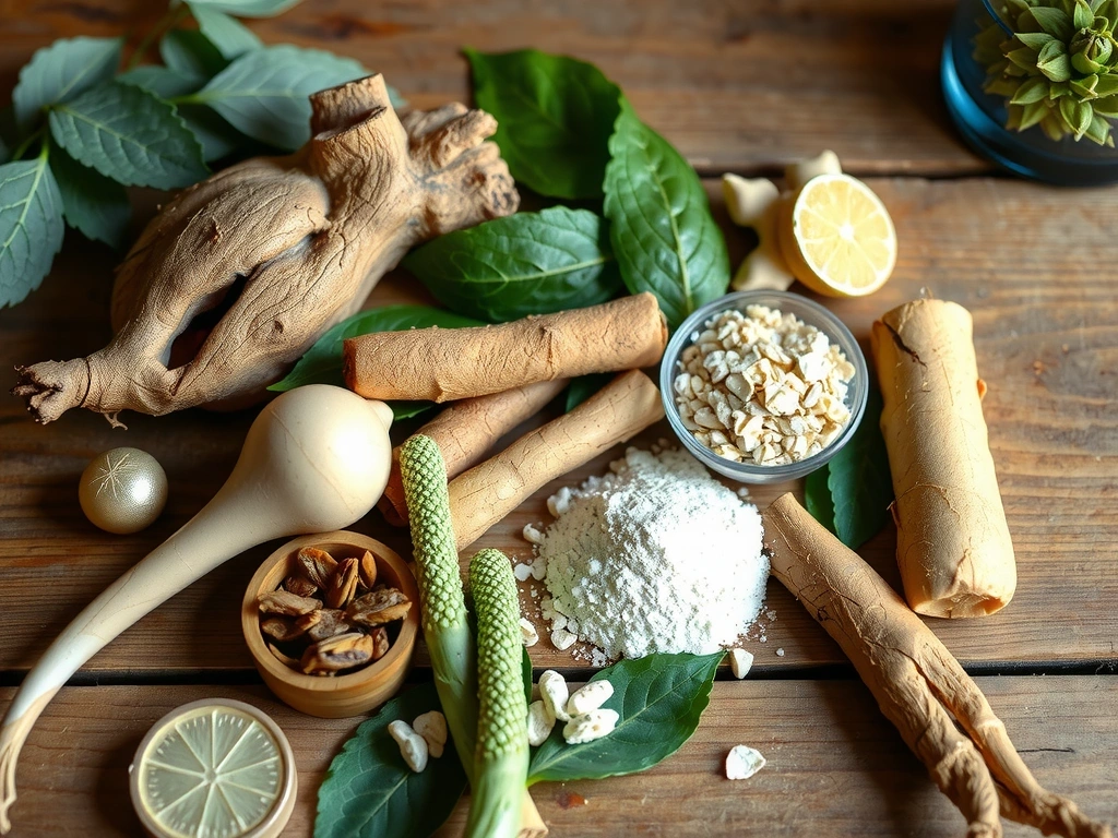 Assortiment de plantes adaptogènes et herbes médicinales sur une table en bois