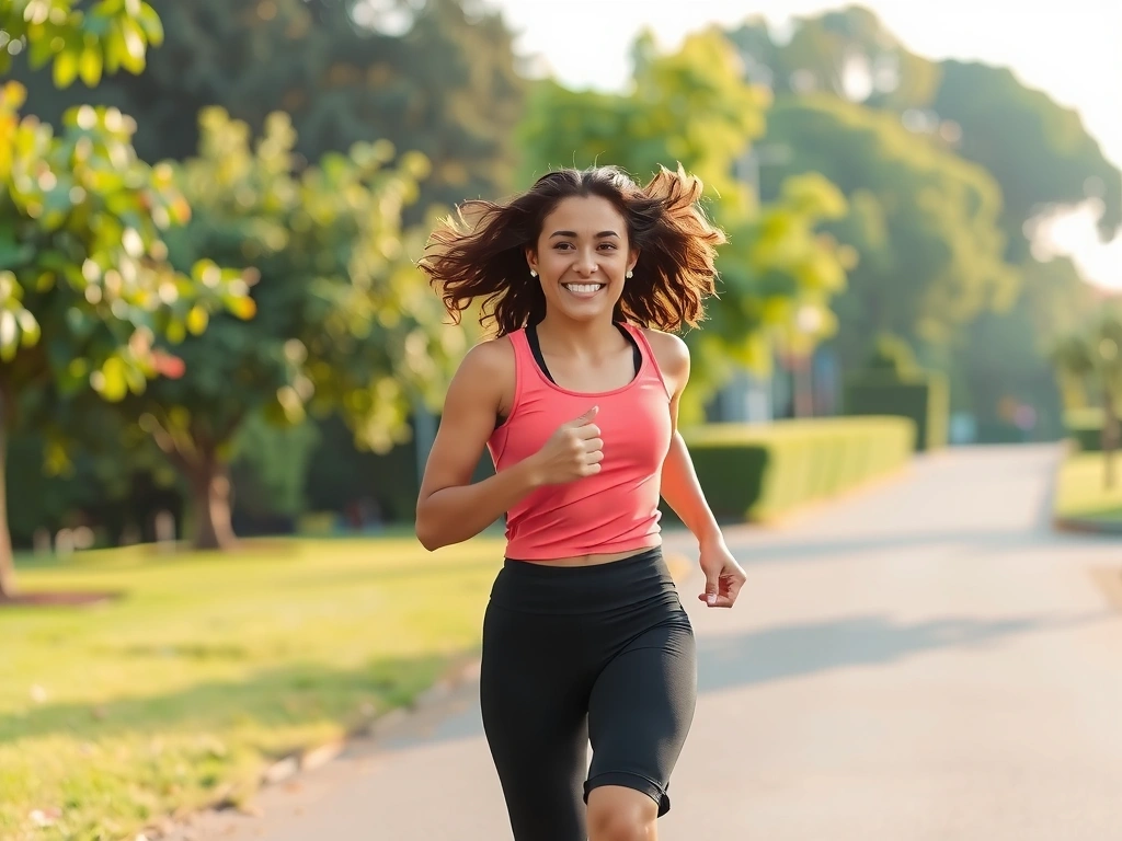 Jeune femme pleine d'énergie courant dans un parc au lever du soleil